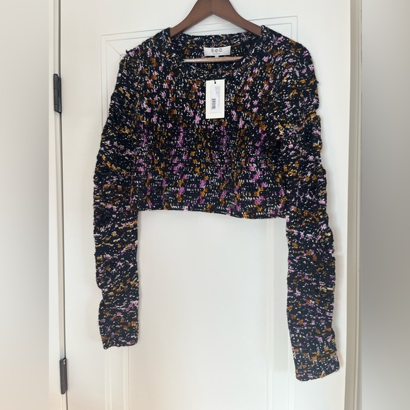 NWT $352 Sea NY Cut Out Crop Ceres Pink Black Crochet Sweater Merino Wool Size S - Picture 5 of 7
